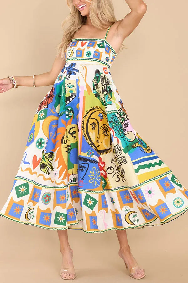 Gledelig glød gudinne lin blanding unik print lomme smocked tilbake midi kjole
