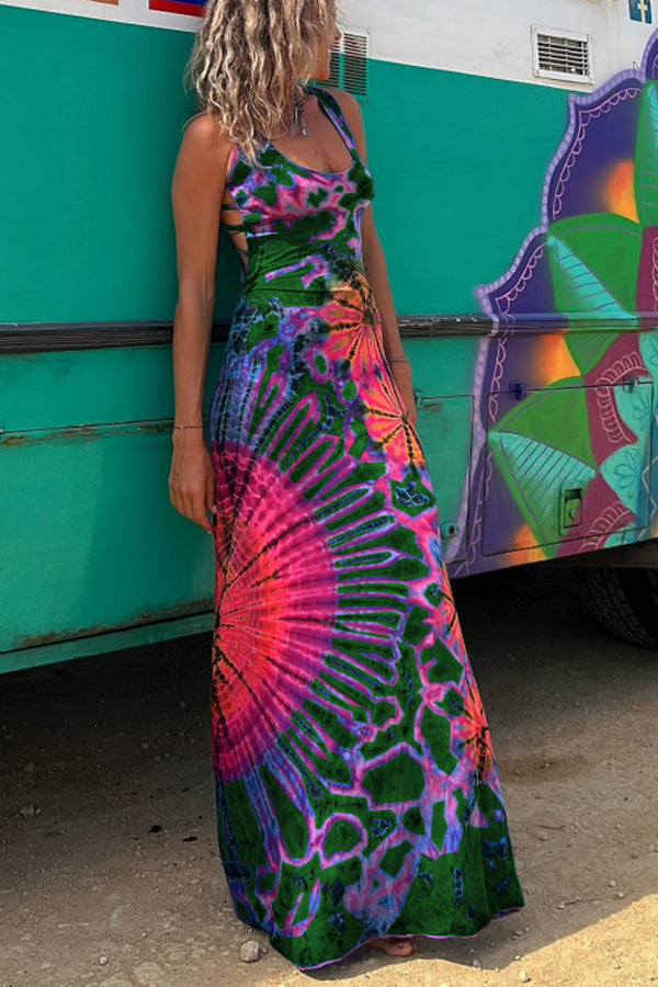 La Bamba Tie-Dye Print Back Snøring Stretch Maxikjole