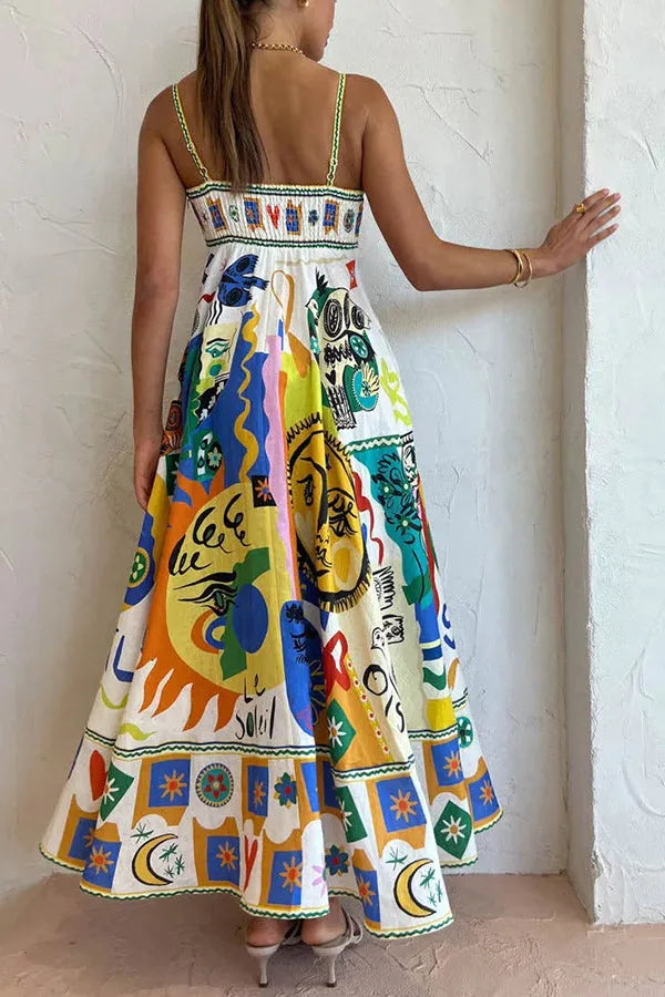 Gledelig glød gudinne lin blanding unik print lomme smocked tilbake midi kjole