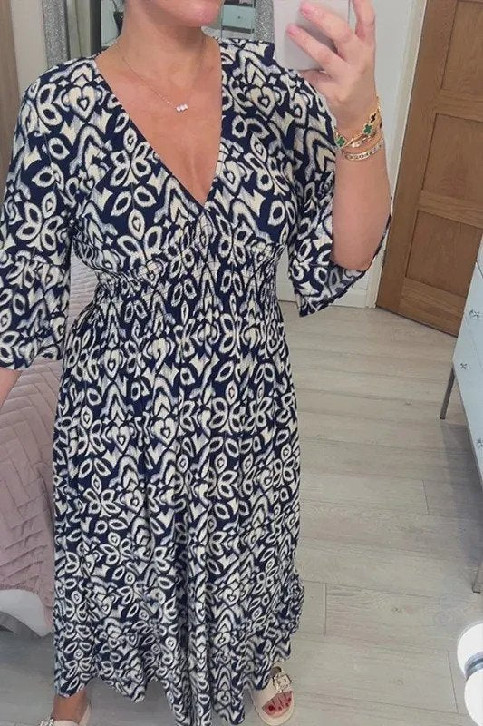 Bohemian Casual Print V-hals Wrap midje lang kjole