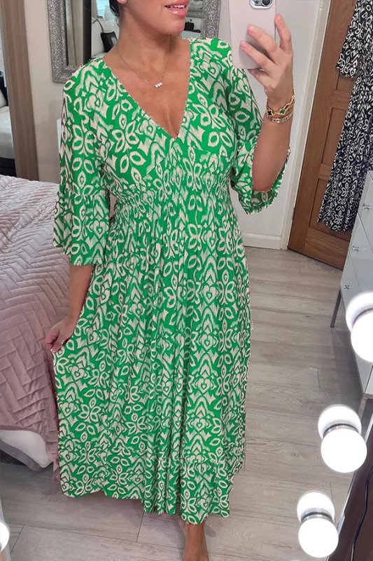 Bohemian Casual Print V-hals Wrap midje lang kjole