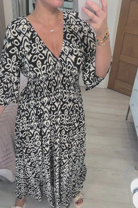 Bohemian Casual Print V-hals Wrap midje lang kjole