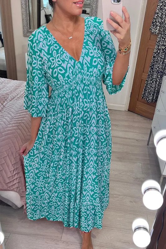 Bohemian Casual Print V-hals Wrap midje lang kjole