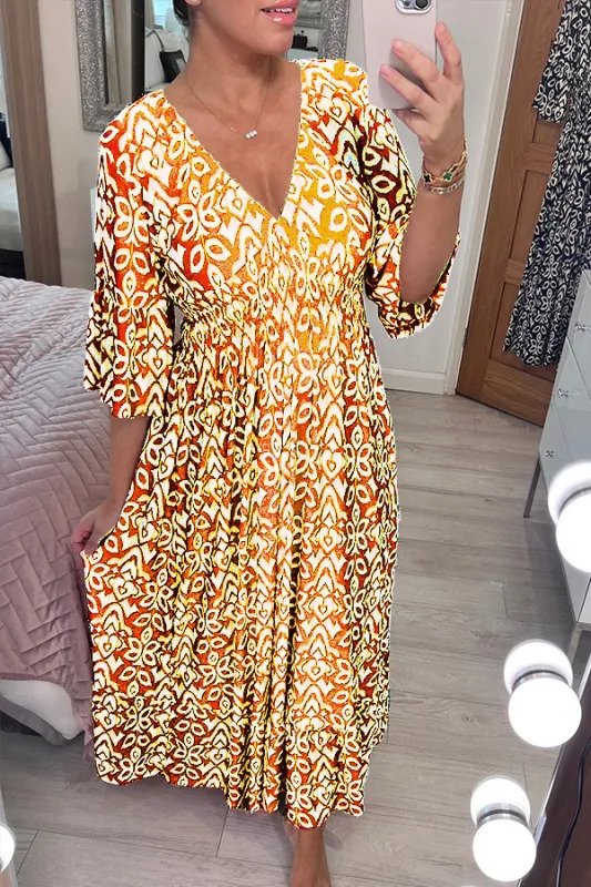 Bohemian Casual Print V-hals Wrap midje lang kjole