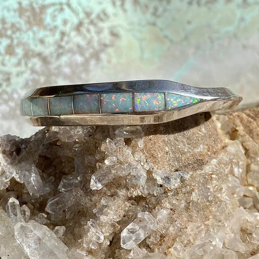 Navajo Opal Inlay Sterling sølv mansjett armbånd av Nathaniel Johnson