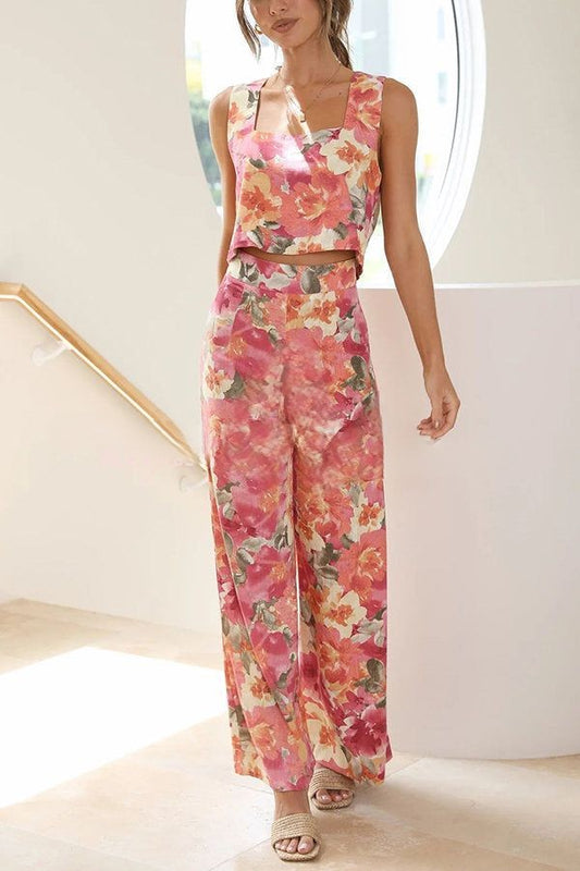 Truly Darling Floral Square Neck Tank og High Rise Wide Leg Pants Set