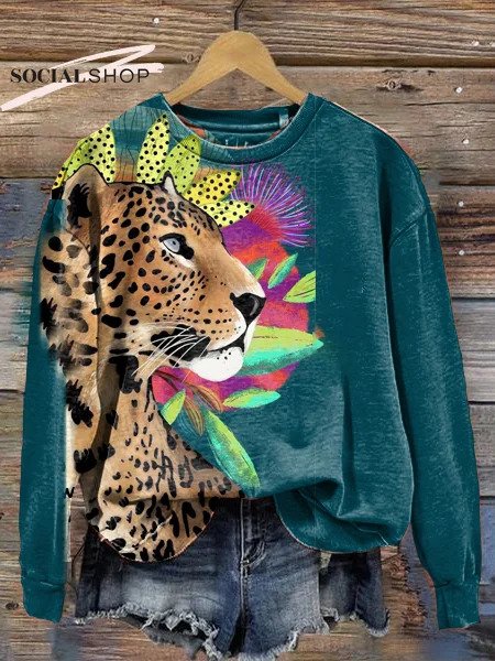 Kvinner Animal Leopard Floral Print Crew Neck Langermet Sweatshirt