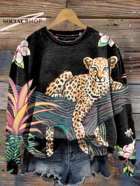 Kvinner Animal Leopard Floral Print Crew Neck Langermet Sweatshirt