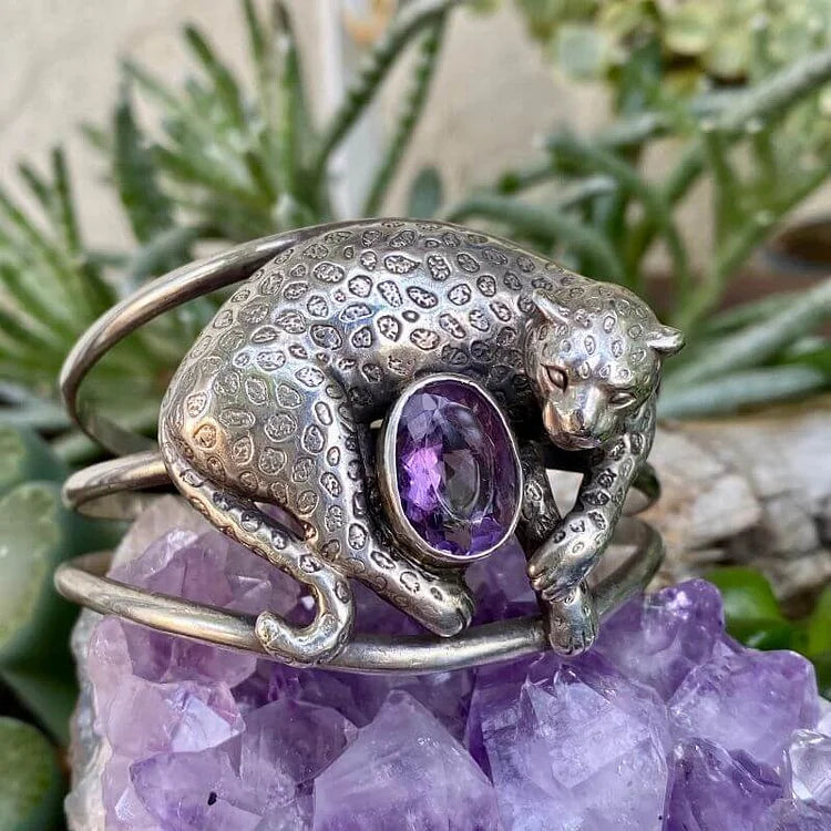 Vintage sterling sølv leopard armbånd med 5 karat lilla ametyst 1989