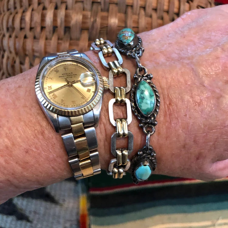 Tidlig Navajo smidd sølv og turkis lenke armbånd