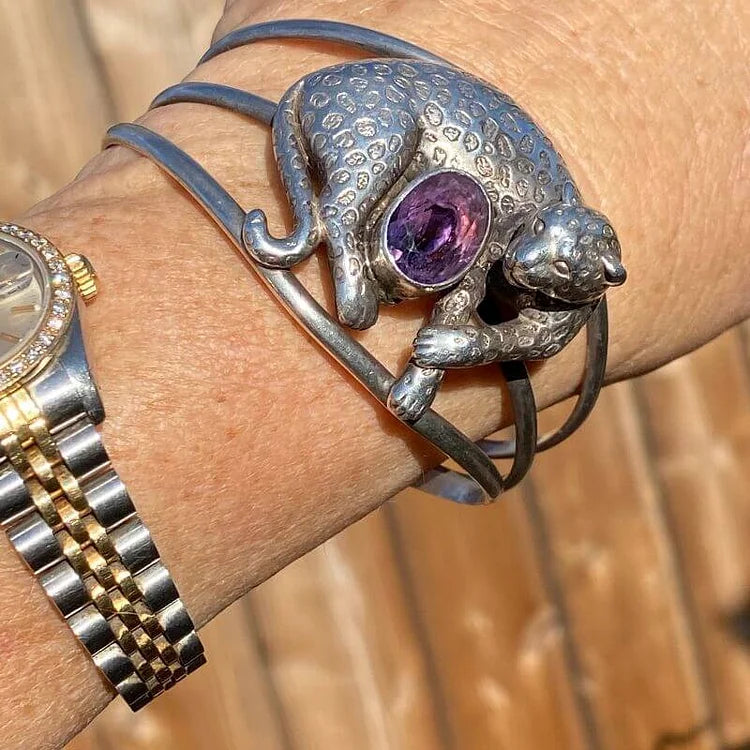 Vintage sterling sølv leopard armbånd med 5 karat lilla ametyst 1989